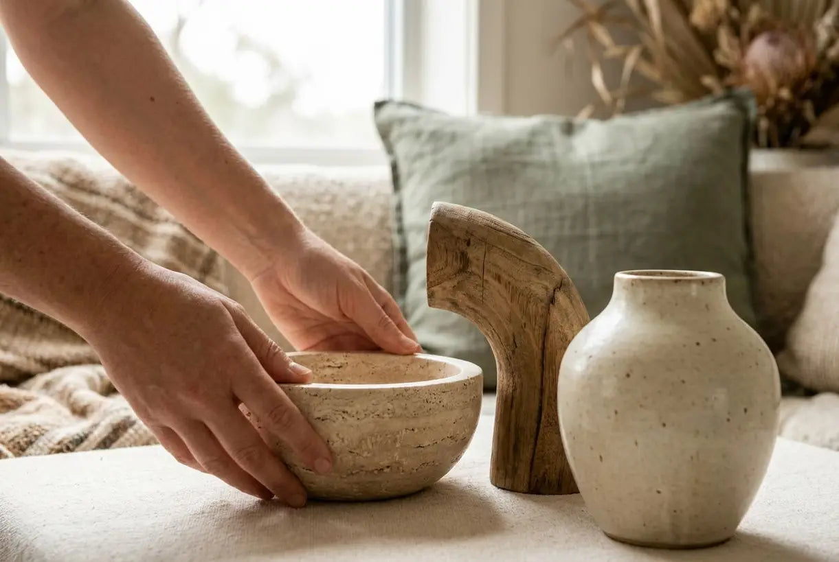 Hands touching natural travertine stone texture, modern organic home decor material detail