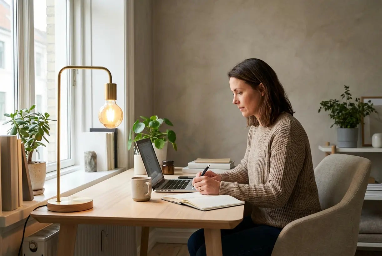 Professional werkt aan georganiseerd bureau met Scandinavische taaklamp die gerichte verlichting biedt