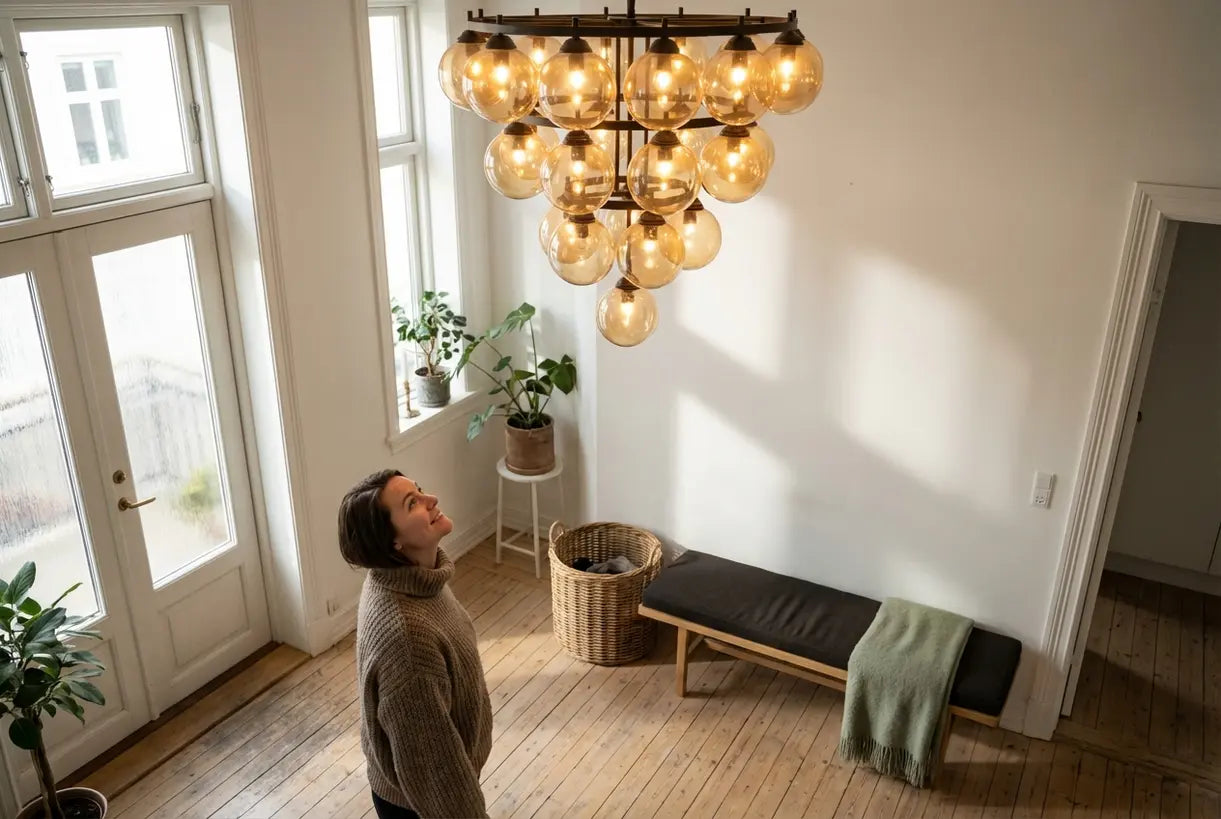 Scandinavische entree met statement amberkleurige glazen kroonluchter die een warme hygge sfeer creëert