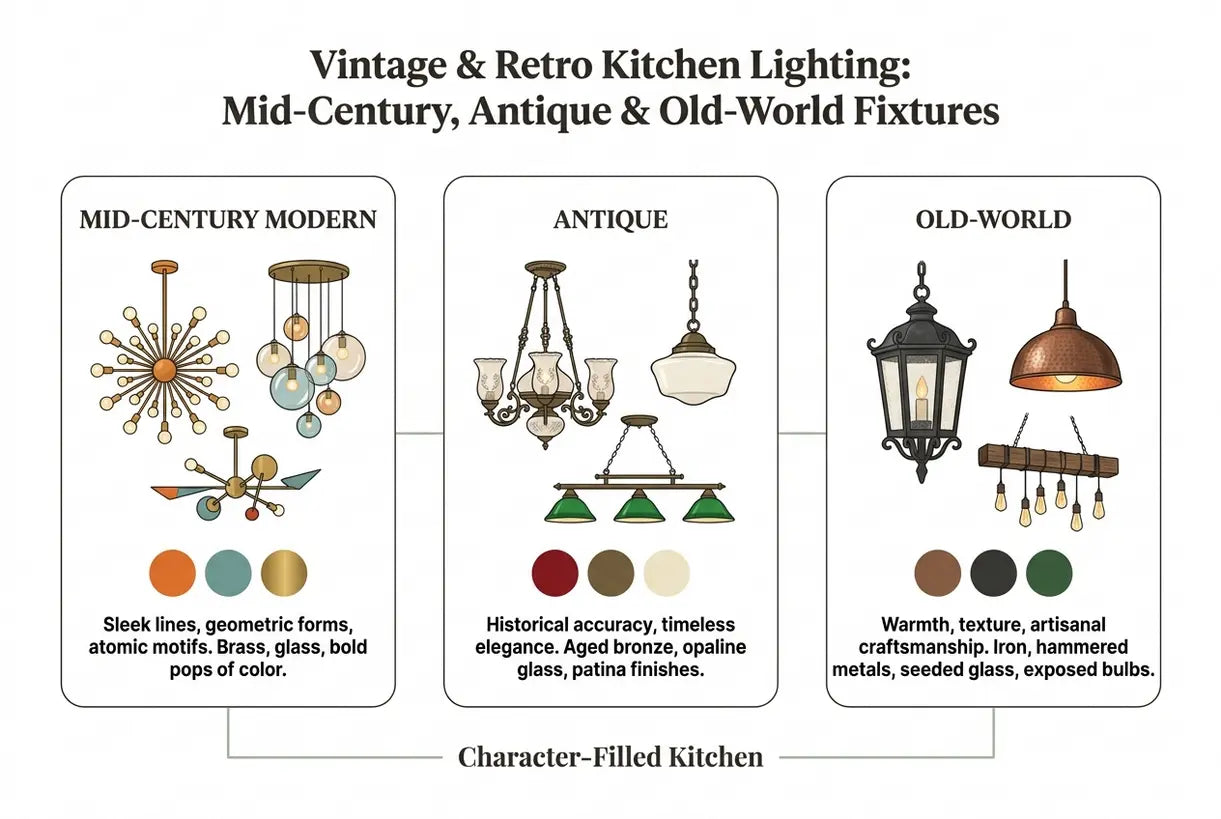 Vintage & Retro Keukenverlichting: Mid-Century, Antieke & Ouderwetse Armaturen voor een Karaktervolle Keuken - infographic