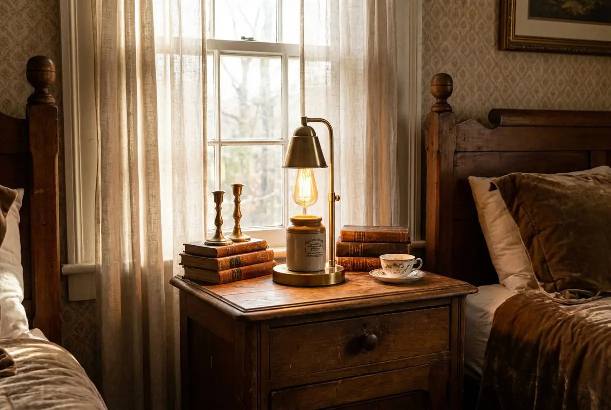 Klassiek interieur met een vintage kaarsenwarmerlamp op een antiek nachtkastje
