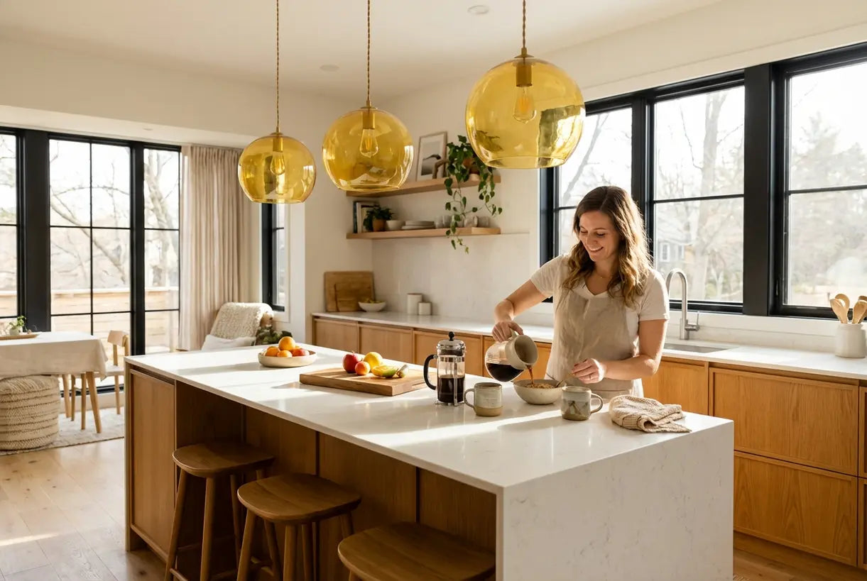 Moderne keuken met gele amberkleurige hanglampen boven eiland in Scandinavisch huis