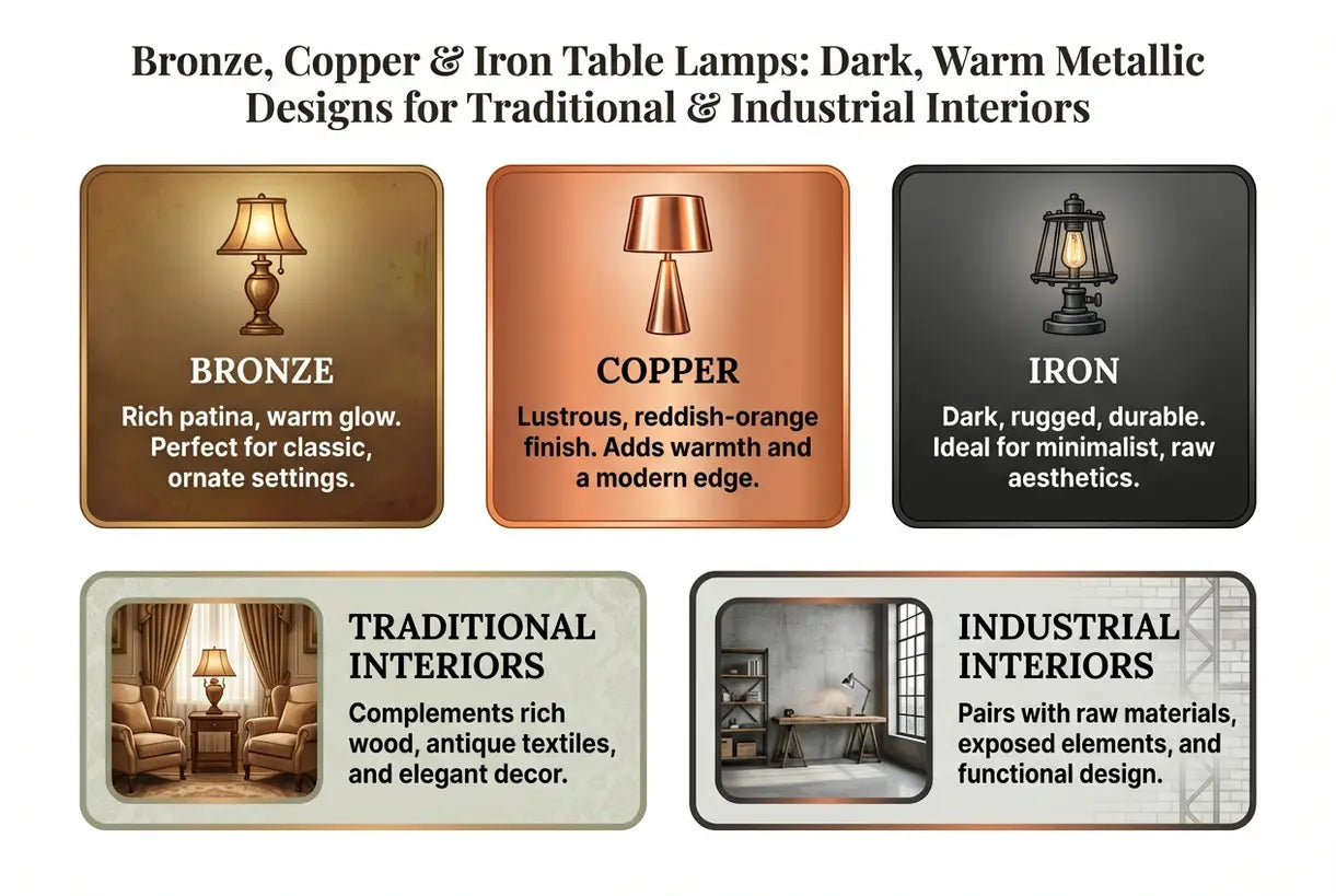 Tafellampen van brons, koper en ijzer: donkere, warme metalen ontwerpen voor klassieke en industriële interieurs - infographic