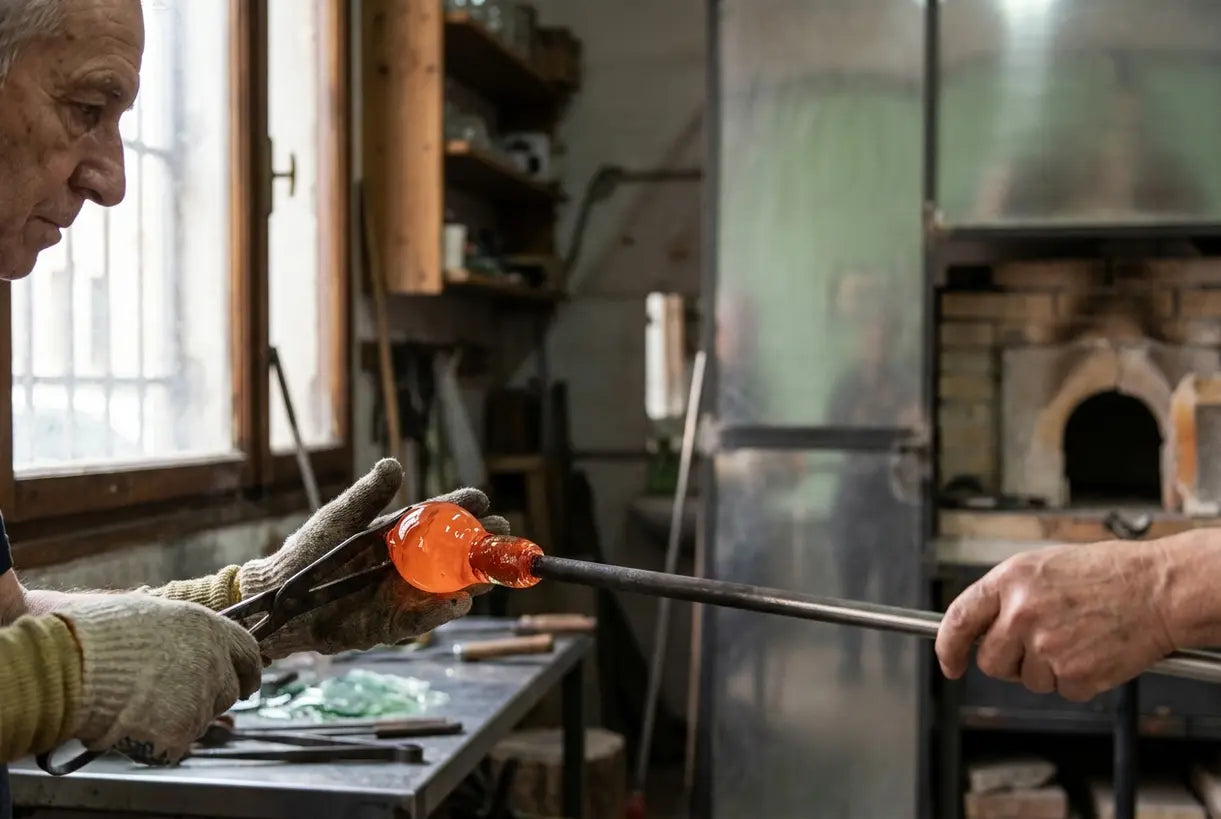 Künstlerhände fertigen Murano-Glasvase mit traditionellen Glasbläsertechniken