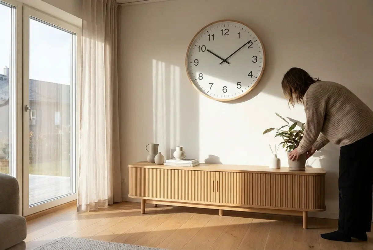 Analoge Wanduhr in skandinavischem Wohnambiente