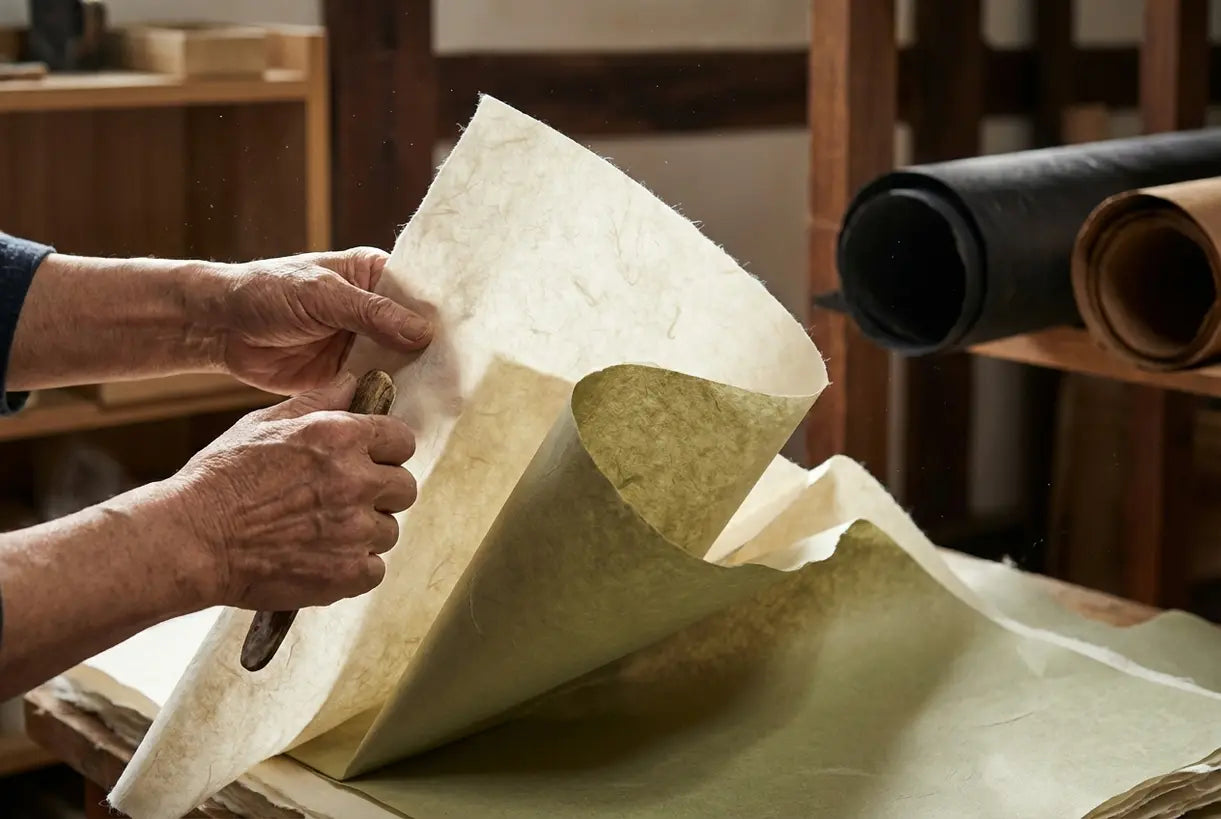 Close-up of washi paper texture being shaped by artisan hands for Japanese paper ceiling lamp