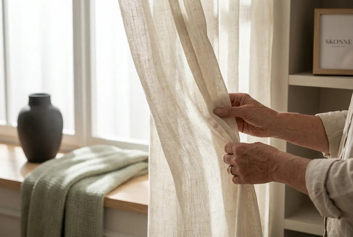 Hands adjusting sheer linen curtains with natural window light, interior design window treatments detail