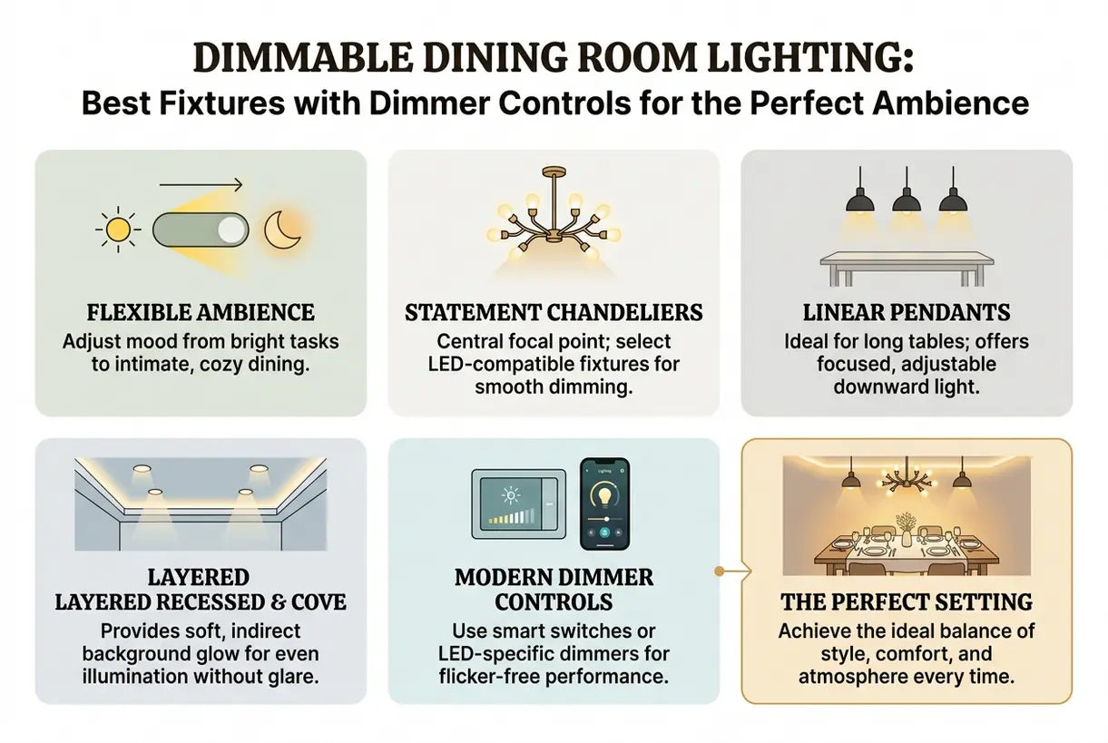 Dimmable Dining Room Lighting: Best Fixtures with Dimmer Controls for the Perfect Ambience - infographic