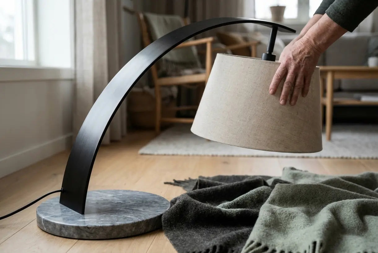 Handen die een boogvloerlampenkap aanpassen in een Scandinavische woonkamer met marmeren basisdetail
