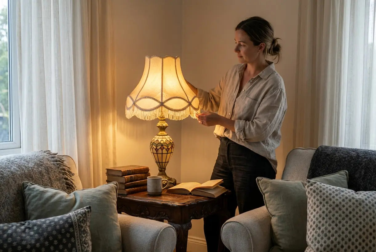 Vrouw stylet antieke tafellamp in gezellige eclectische woonkamer met warme sfeerverlichting
