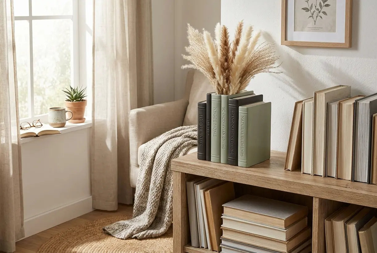 Ceramic book vase styled on bookshelf with dried flowers and books