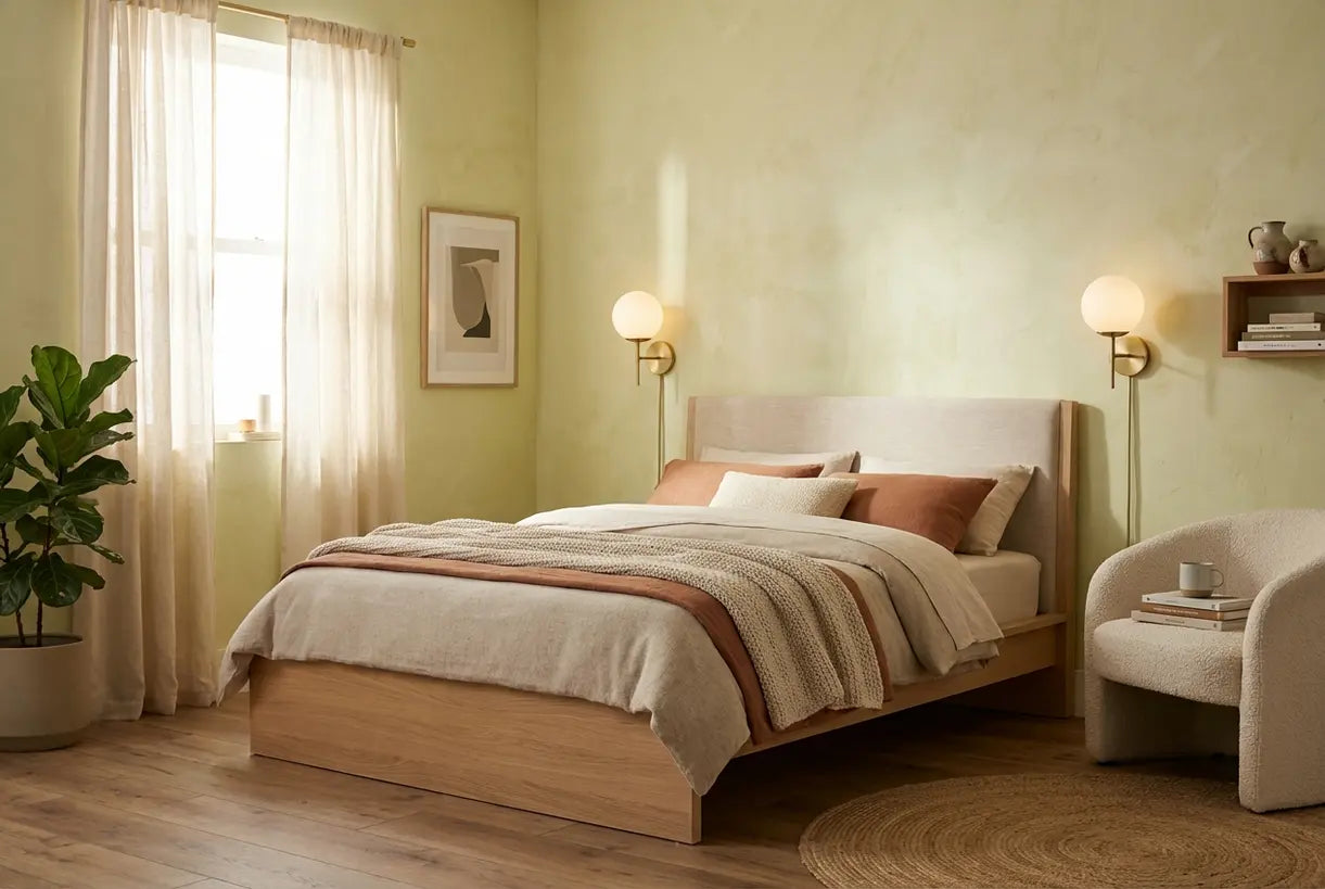 Moderne slaapkamer met bolvormige wandlampen op een muur met textuur
