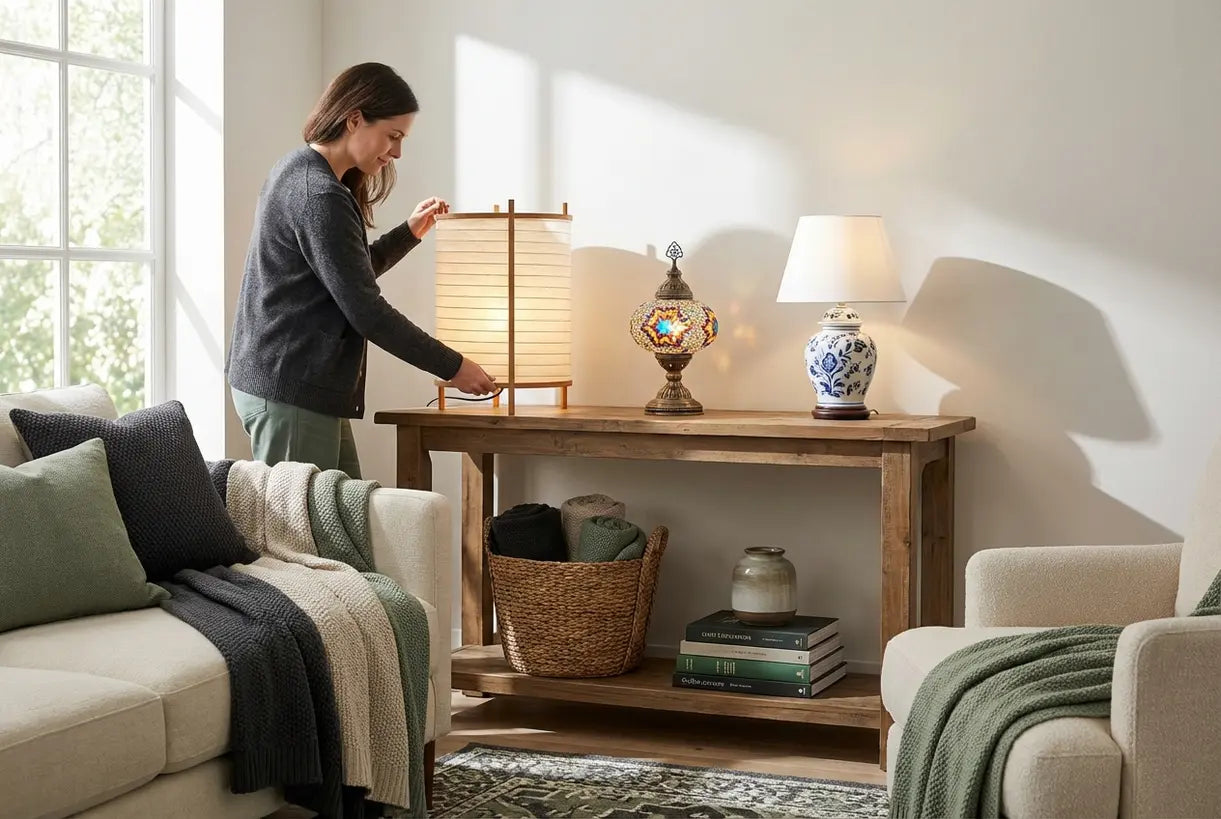 Collectie tafellampen geïnspireerd op de wereld, in Japanse, Turkse en Franse stijl, in een Scandinavische woonkamer