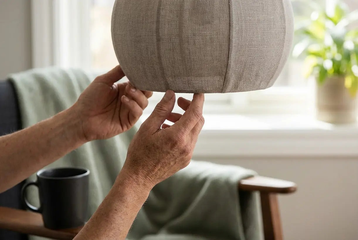 Hands adjusting battery operated pendant light in Scandinavian interior