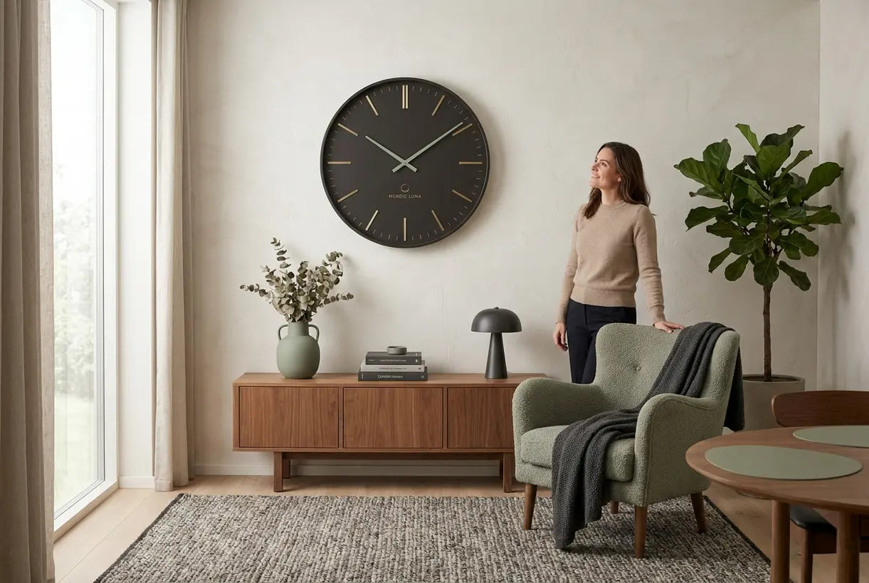 Elegantes Wohnzimmer mit Designer-Wanduhr als Blickfang in skandinavischem Interior Design