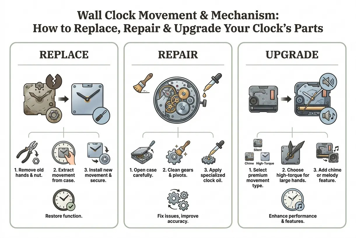 Wall Clock Movement & Mechanism: How to Replace, Repair & Upgrade Your Clock's Parts - infographic