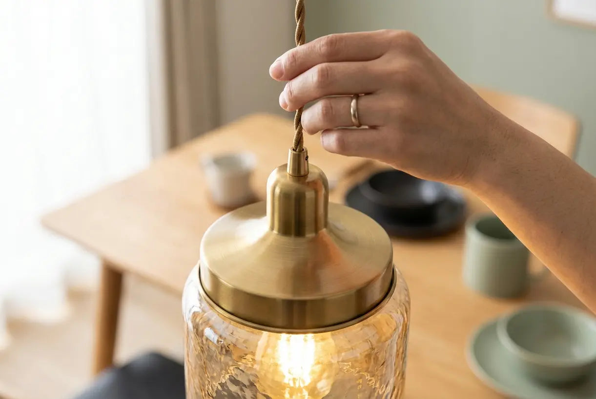 Close-up of hand adjusting gold pendant light fixture with warm metallic glow