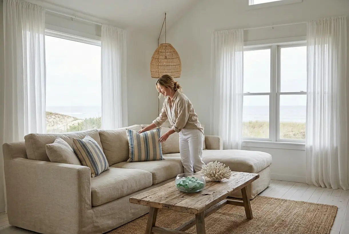 Modern coastal living room interior with Scandinavian design, rattan pendant light, and beach-inspired decor.