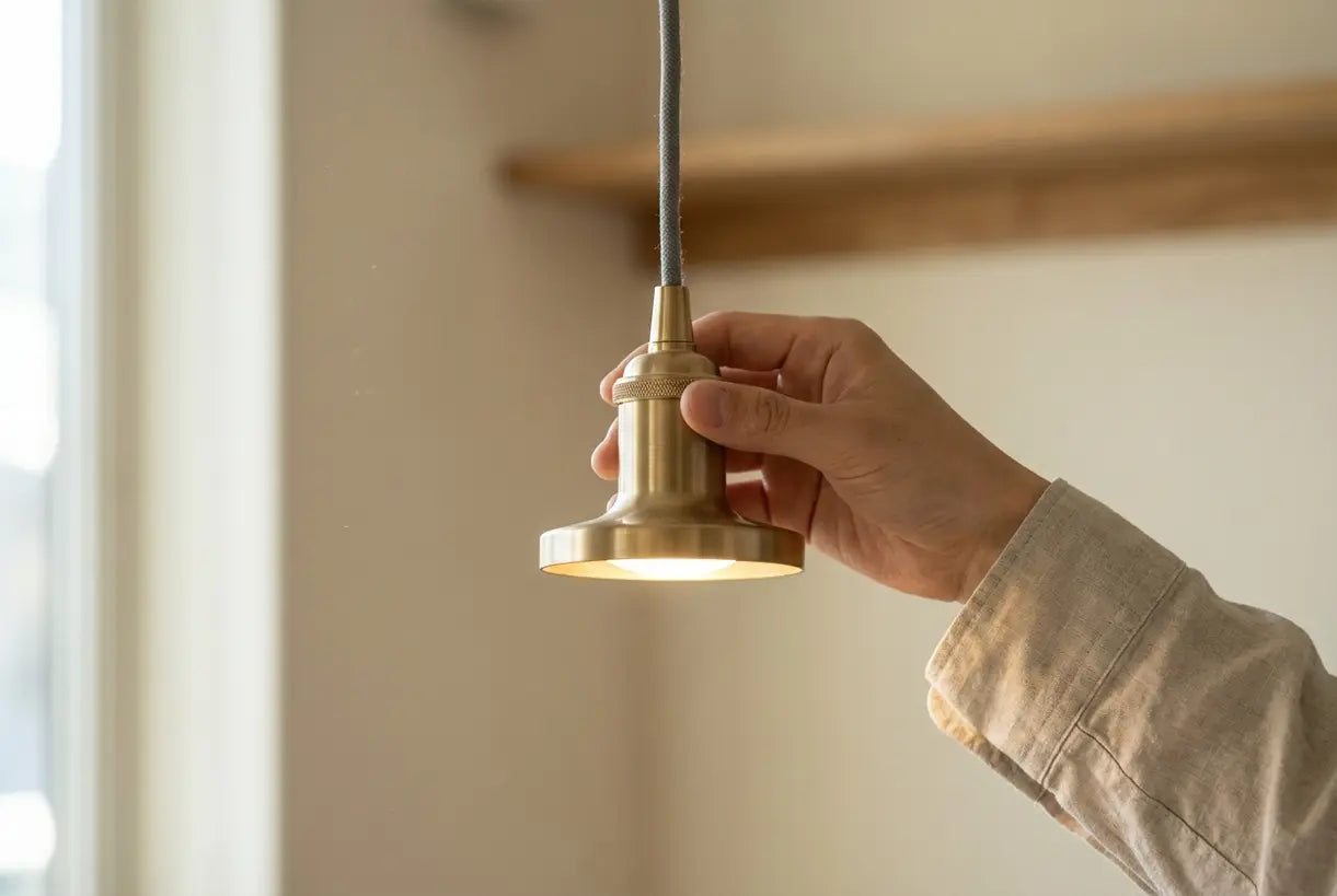 Close-up van een minimalistische hanglamp met warme gloed, strakke lijnen en hoogwaardige materialen