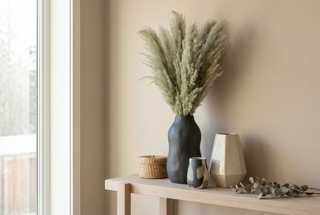 Sculptural handmade ceramic vases displayed in Scandinavian home interior