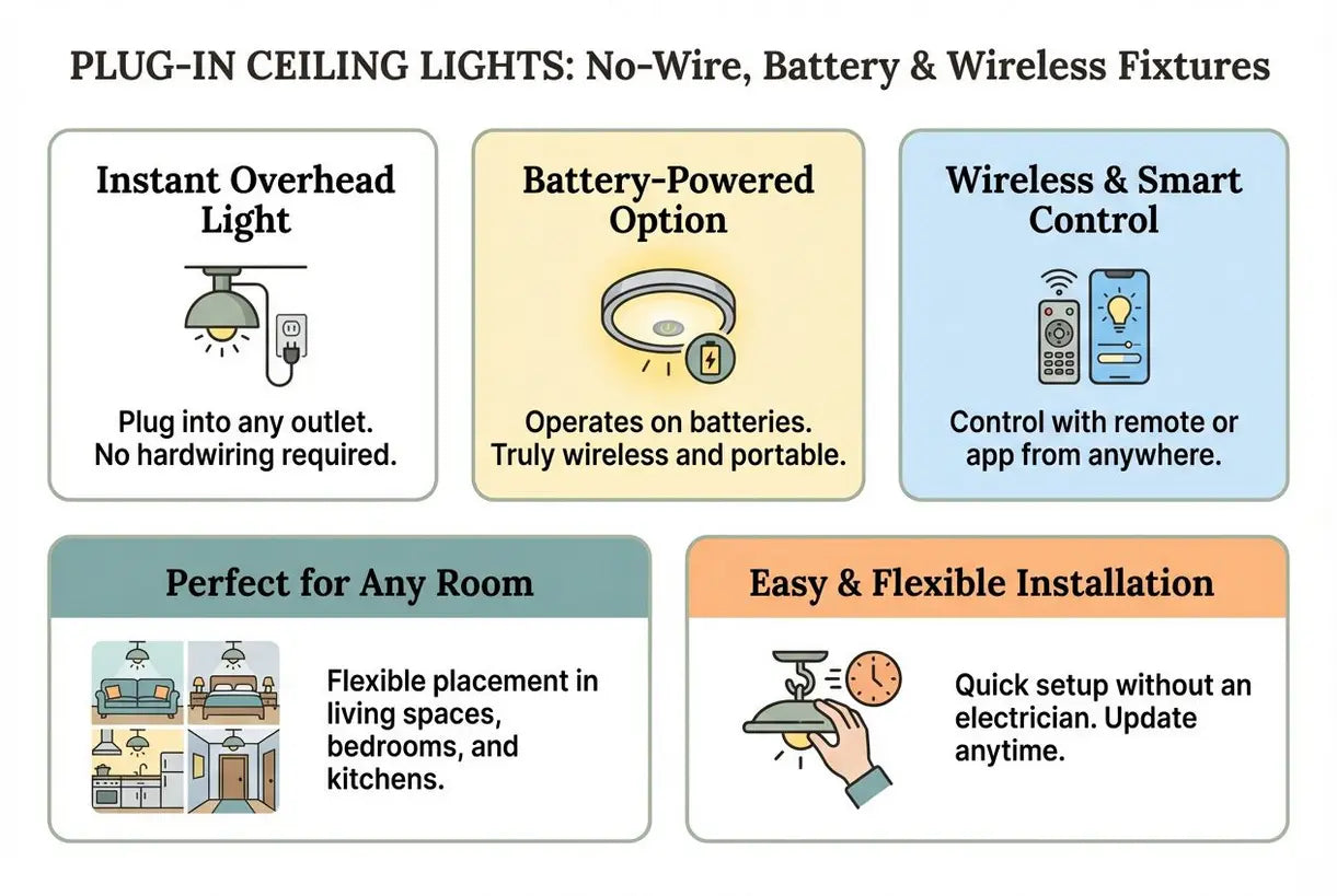 Plug-In Plafondlampen: Draadloze, batterij- en draadloze overheadarmaturen voor elke kamer - infographic