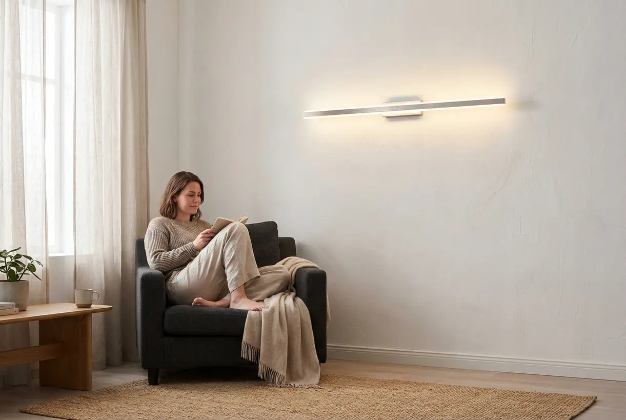 Lineaire wandlamp verlicht een moderne minimalistische woonkamerhoek