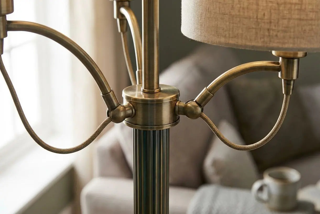 Close-up detail van messing 3-lichts staande lamp armverbinding en stoffen kap textuur