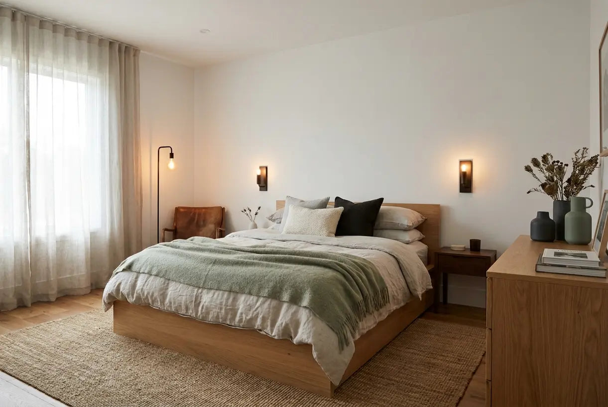 Serene Scandinavian master bedroom with layered lighting, neutral textiles, and cozy hygge atmosphere