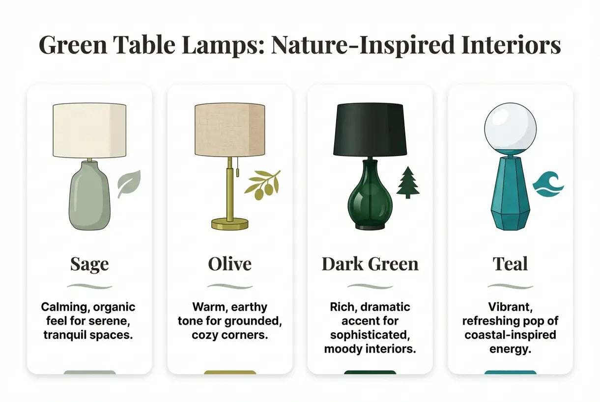 Groene tafellampen: Salie, Olijf, Donkergroen & Teal ontwerpen voor natuur-geïnspireerde interieurs - infographic