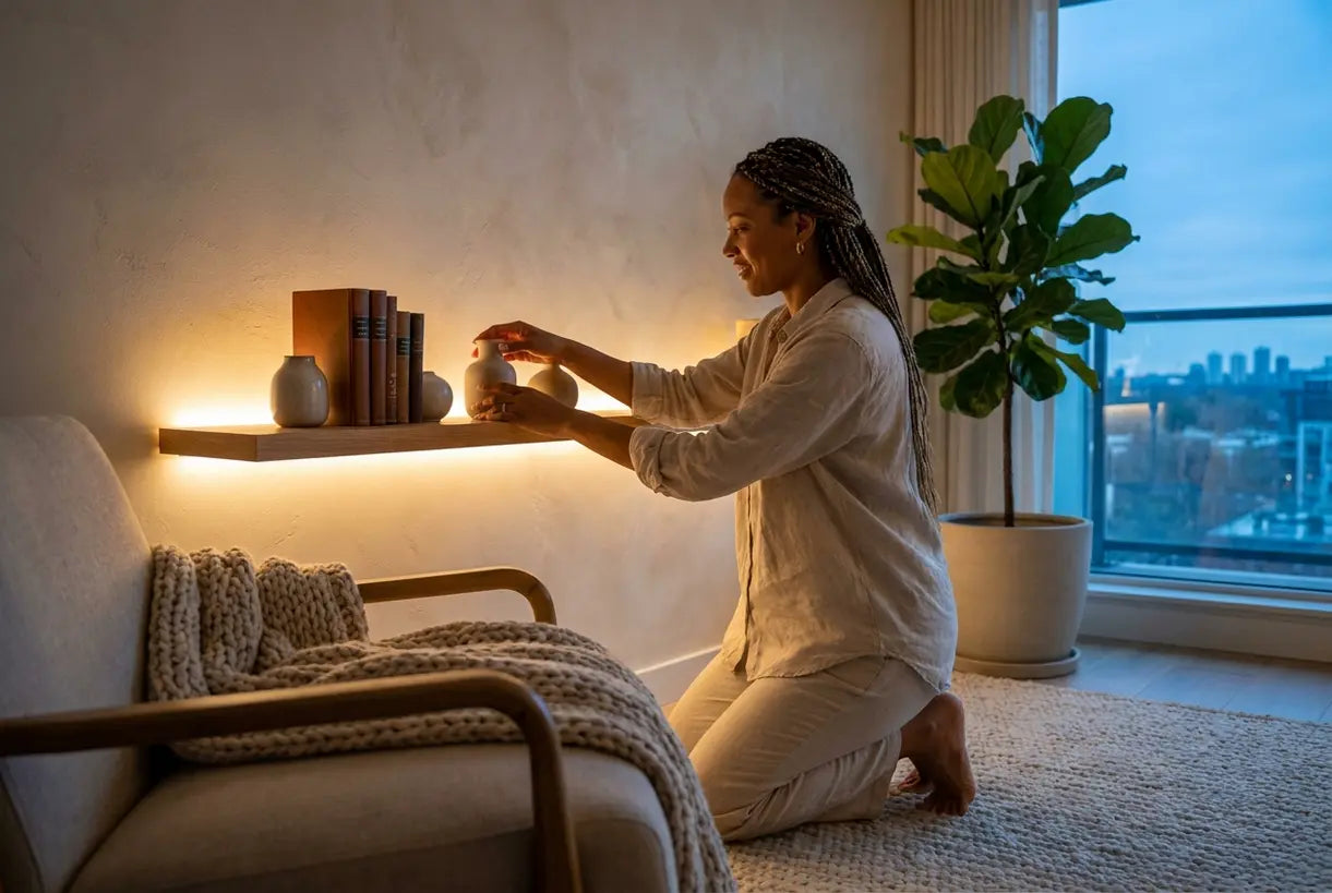 Person styling living room corner with warm LED strip lighting behind floating shelf
