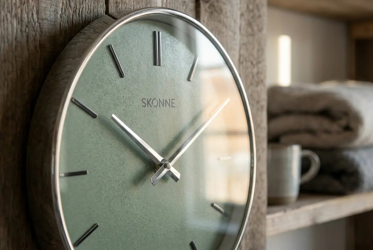 Nahaufnahme einer luxuriösen Designer-Wanduhr mit hochwertiger Chromoberfläche und präziser Verarbeitung