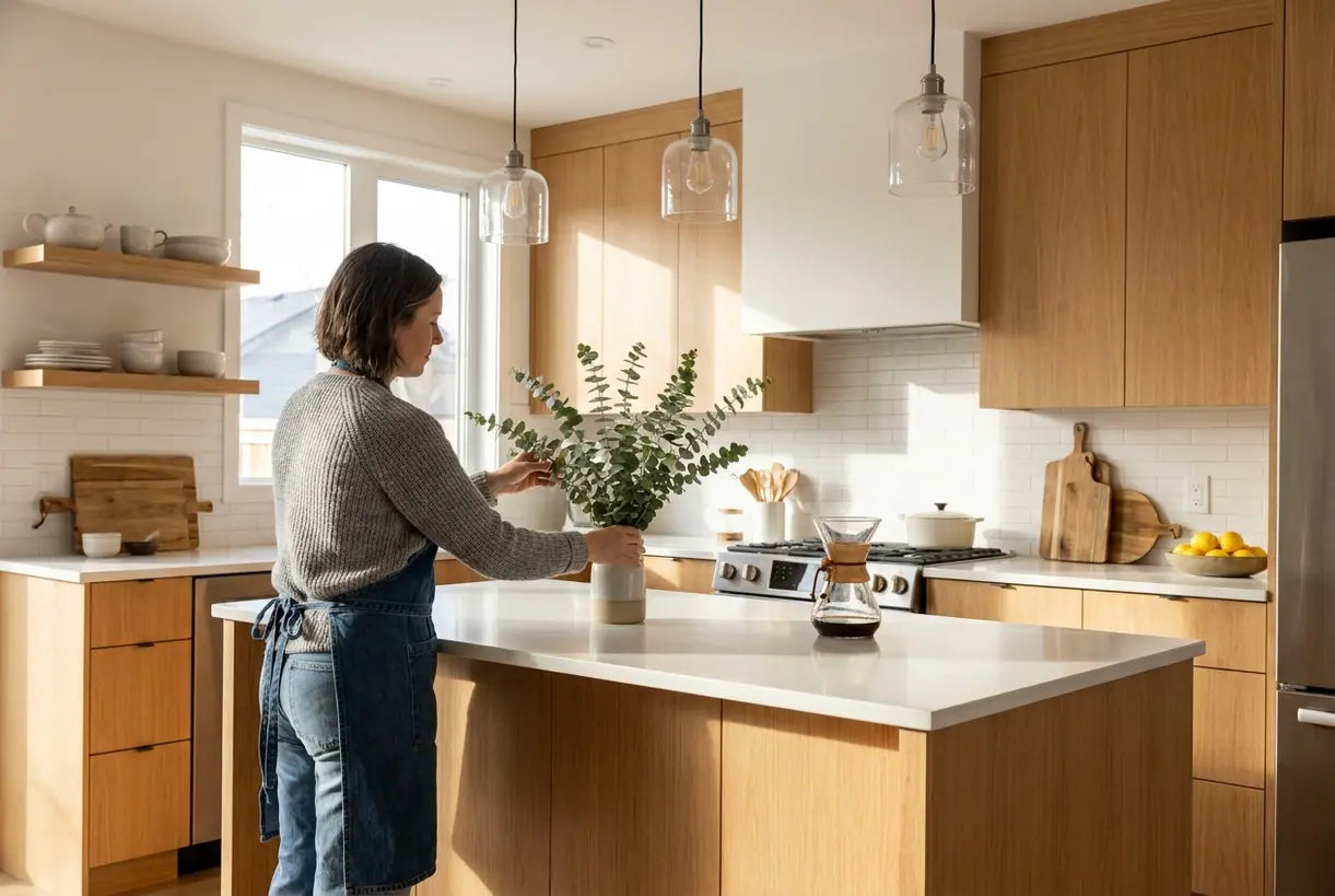 Scandinavian modern kitchen with pendant lights over island and warm decor