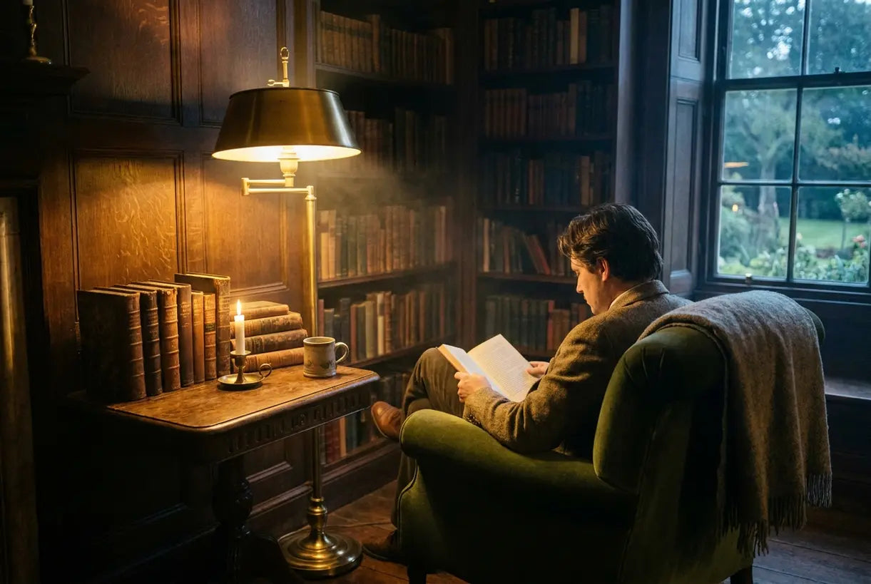Moody dark academia reading corner with brass lighting and vintage books