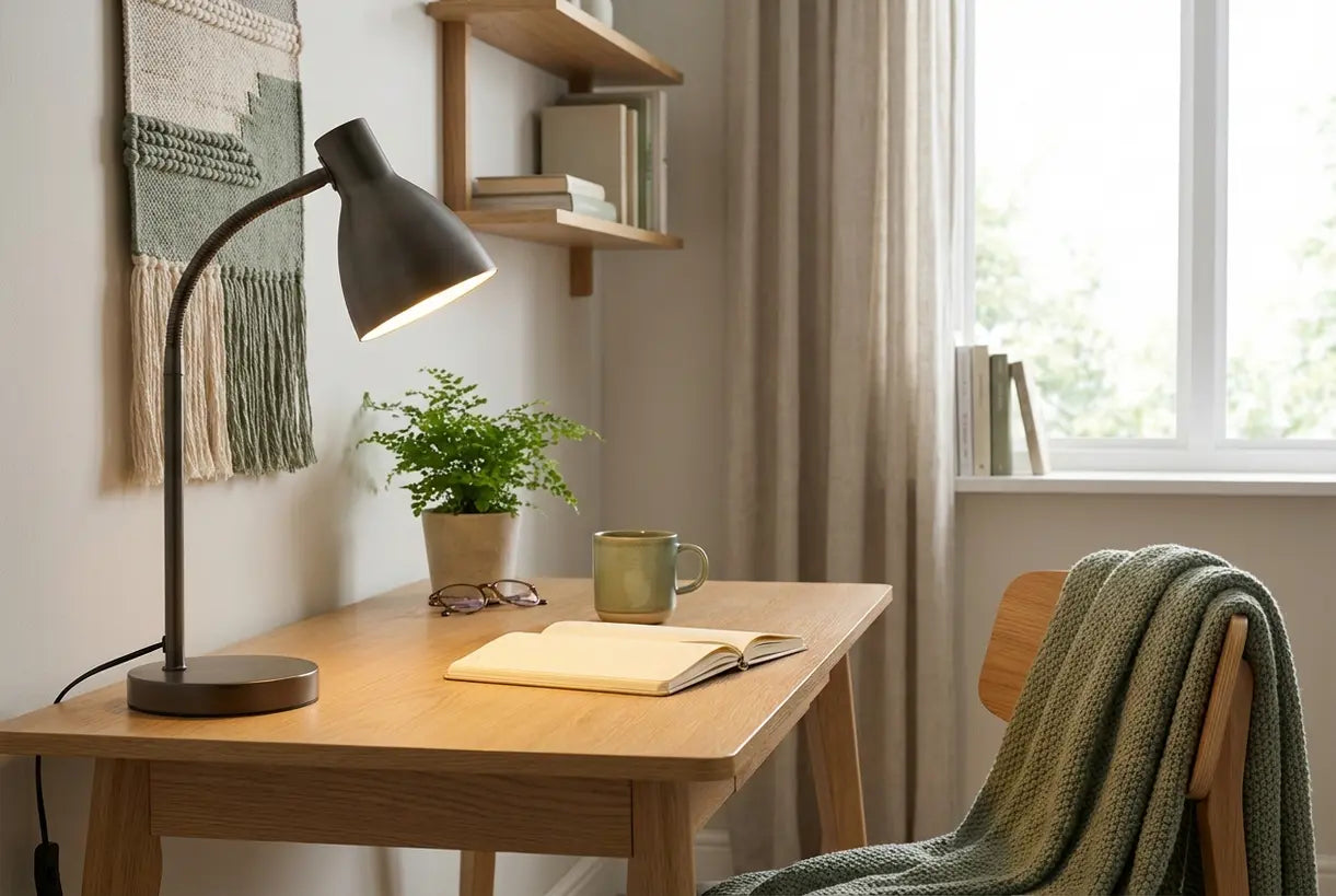 Scandinavische werkruimte met flexibele bureaulamp die verstelbare taakverlichting biedt