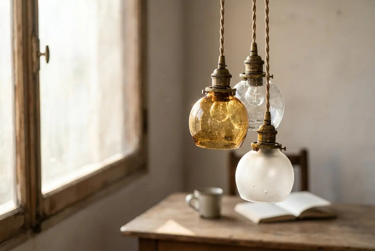 Drie hanglampen op verschillende hoogtes met details van de glazen kappen en messing onderdelen, voor opstellingen met meerdere hanglampen