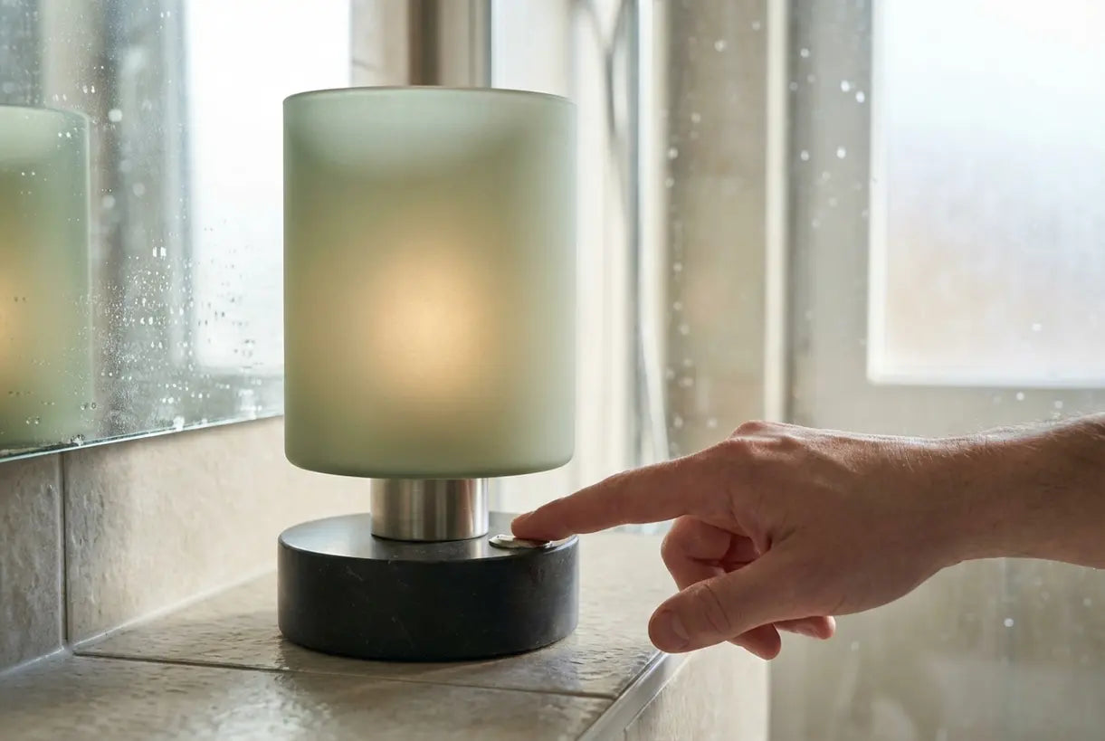 Vinger op de dimknop van een kleine, snoerloze, waterdichte badkamerlamp