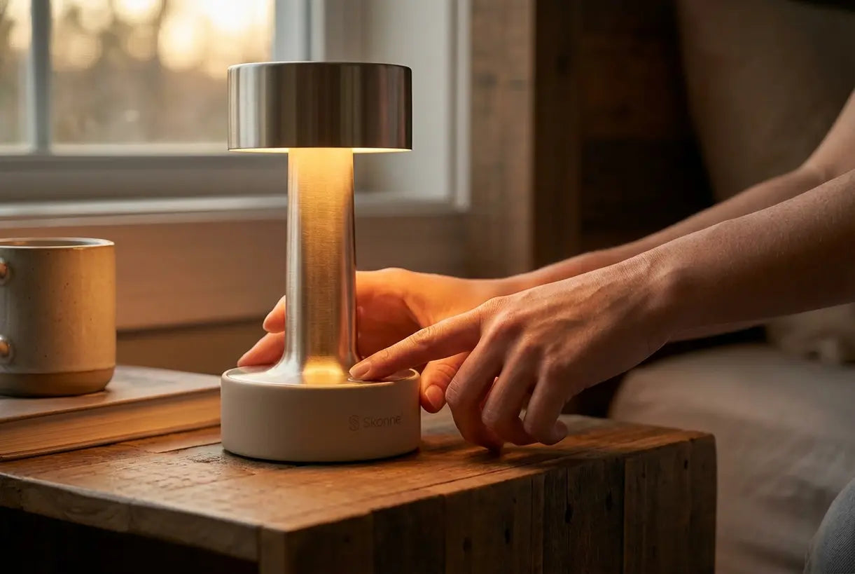 Handen die een draagbare LED-lamp aanpassen op een nachtkastje, wat het gemak van draadloze verlichting demonstreert