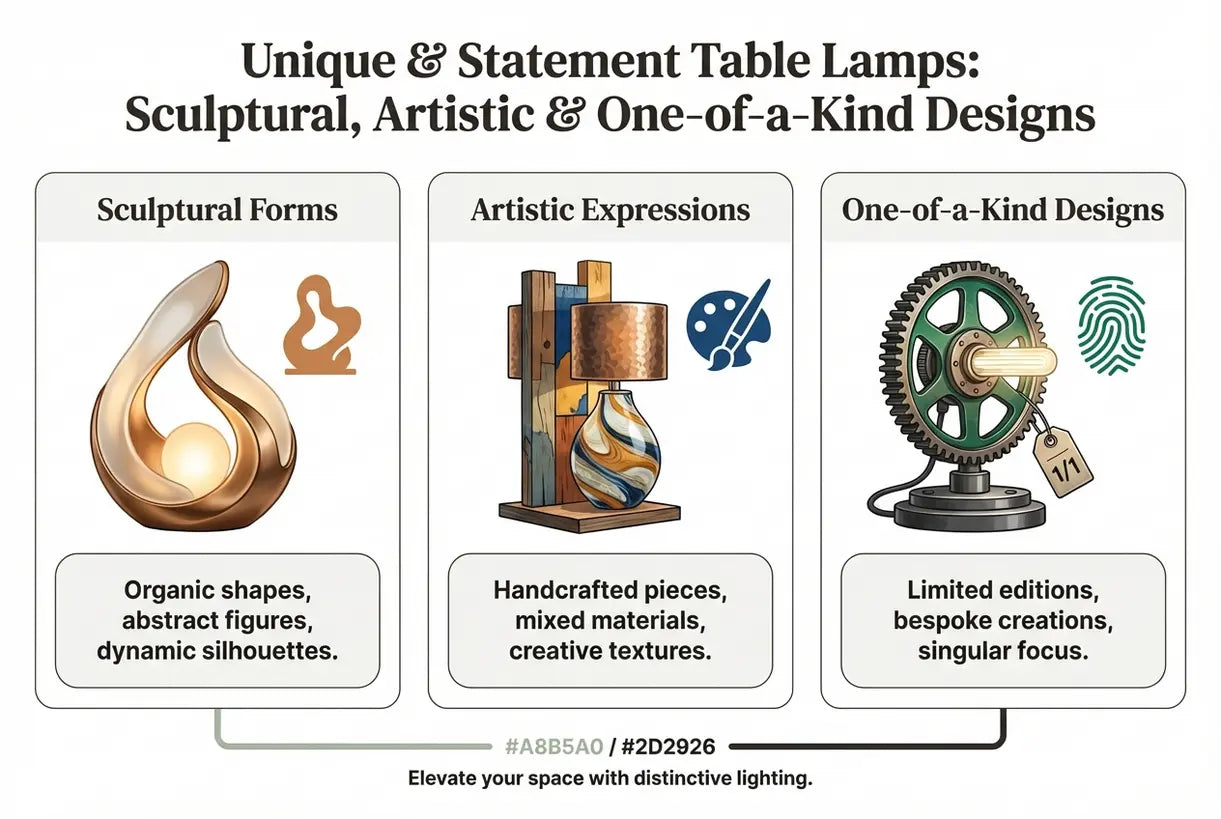 Unieke & Statement Tafellampen: Sculpturale, Artistieke & Unieke Ontwerpen - infographic