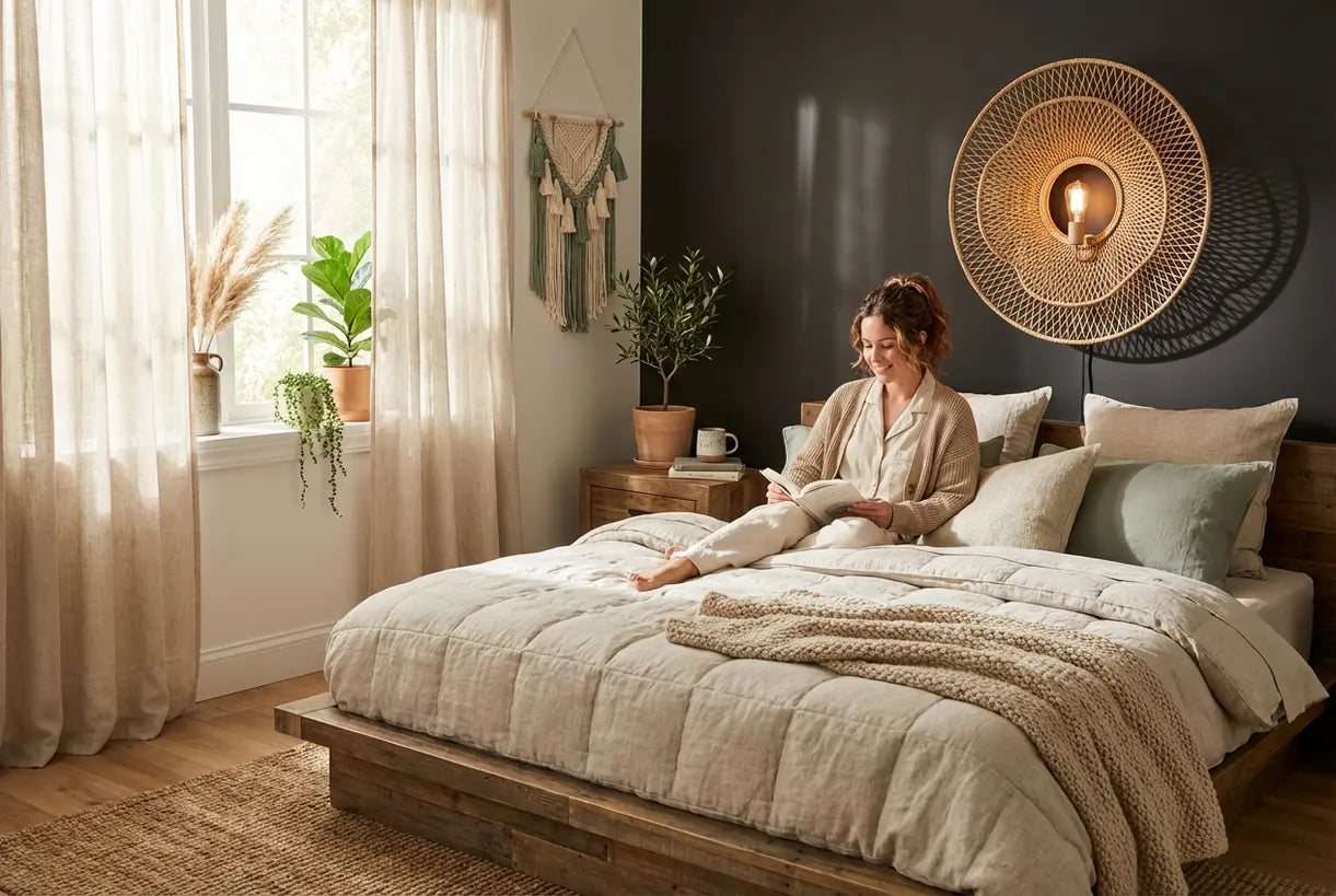 Boho slaapkamer met rotan wandlamp kustinterieurontwerp