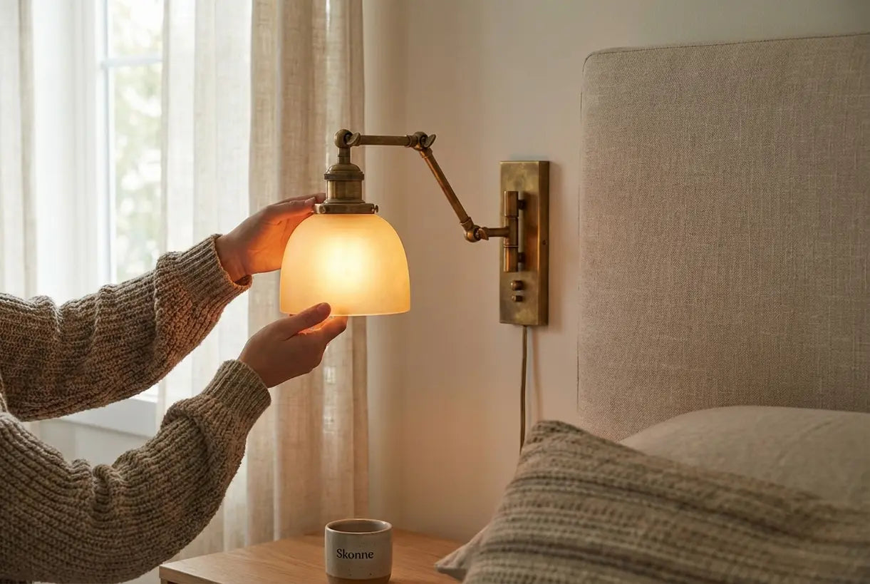 Messing zwenkarm wandlamp die naast het bed wordt versteld met linnen hoofdbord en warme sfeerverlichting