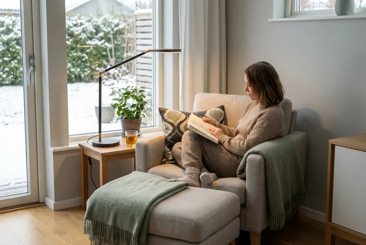 Scandinavische woonkamer met moderne LED tafellamp die een knusse leesatmosfeer creëert