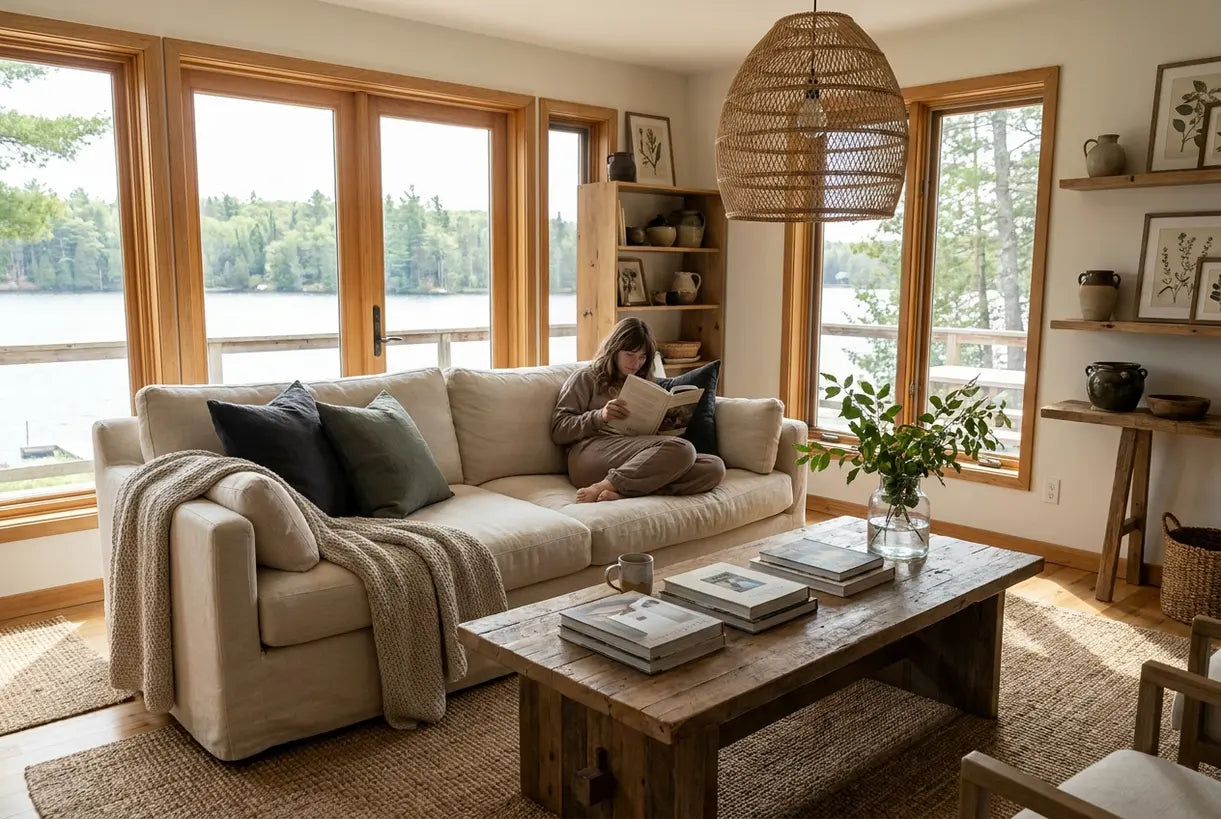 Serene lake house living room with natural light, linen textures, and Scandinavian pendant lighting