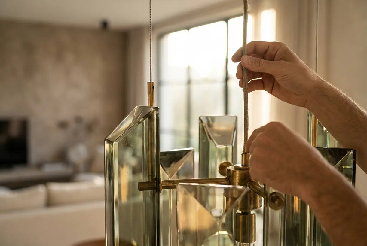 Handen die een moderne glazen kroonluchter met messing accenten aanpassen, detail van eigentijds verlichtingsontwerp