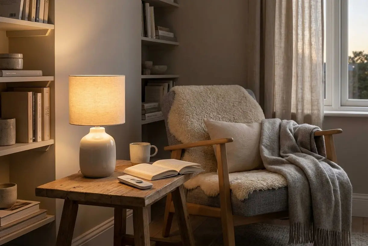 Scandinavische leeshoek met dimbare tafellamp die warme, verstelbare verlichting creëert