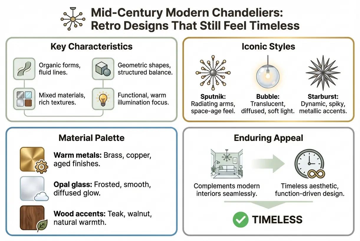 Mid-century kroonluchters: retro-ontwerpen die tijdloos aanvoelen - infographic