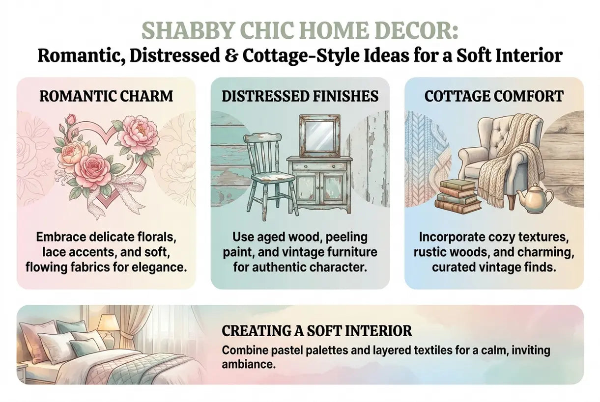 Shabby Chic Home Decor: Romantic, Distressed & Cottage-Style Ideas for a Soft Interior - infographic