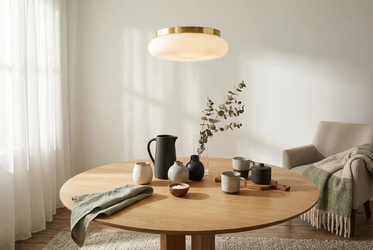 Scandinavisch interieur met matglazen plafondlamp boven natuurhouten eettafel