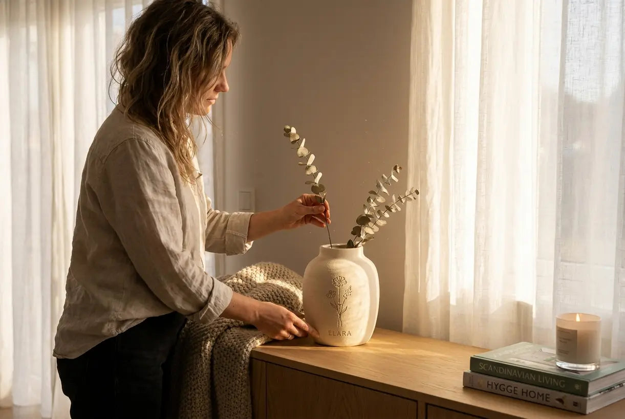 Frau arrangiert personalisierte Blumenvase in skandinavischem Wohnzimmerinterieur