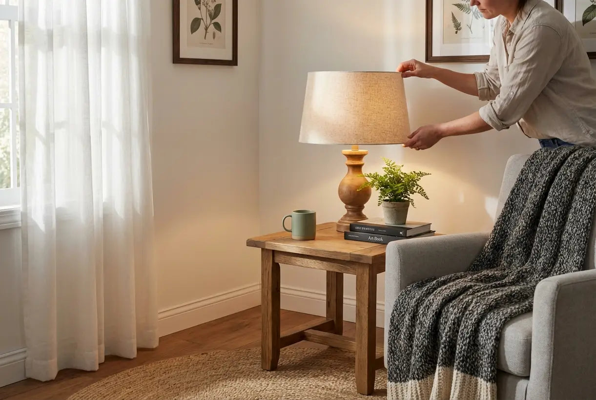 Scandinavische woonkamer met een tafellamp met cilindervormige linnen kap die warm sfeerlicht geeft
