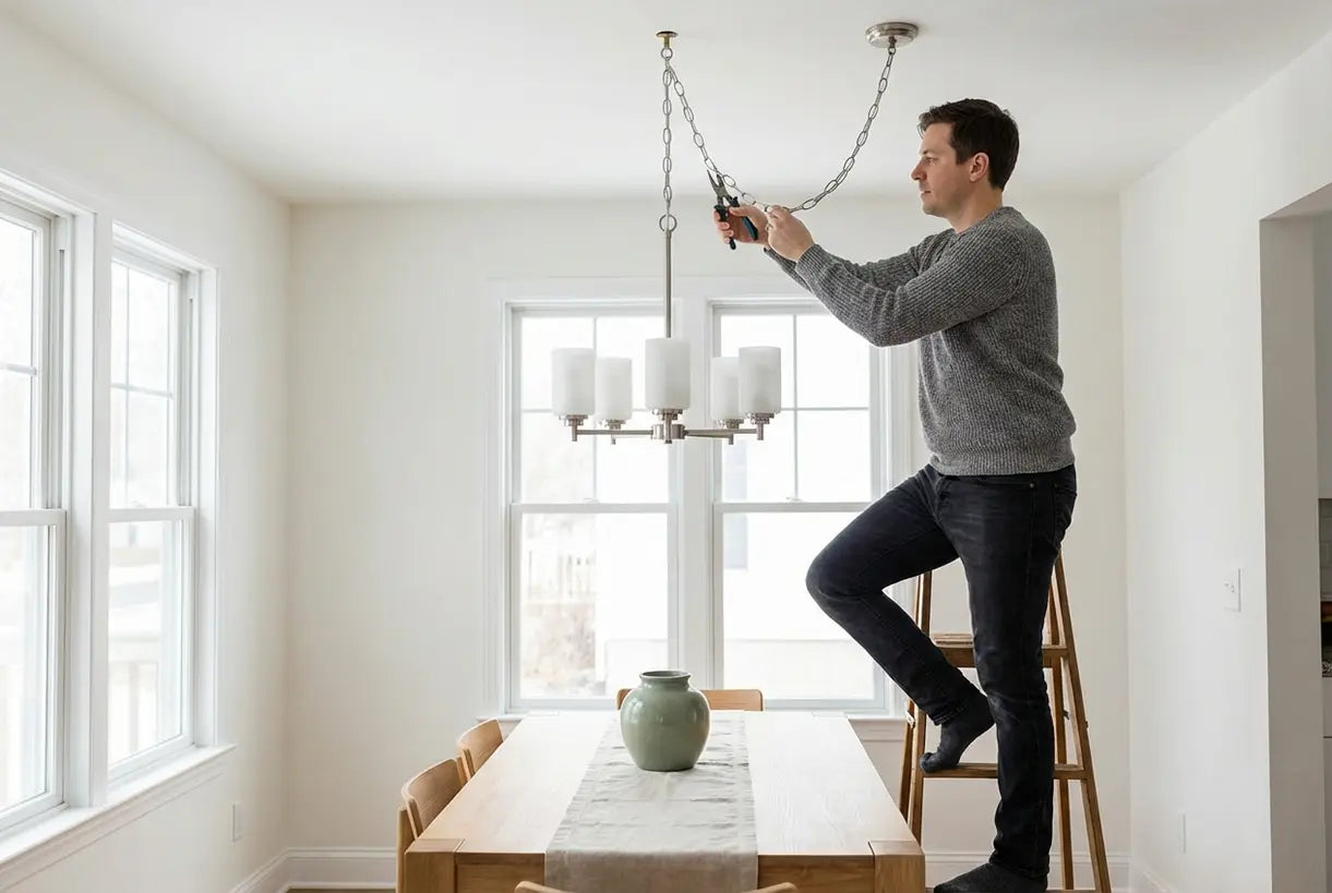 Homeowner installing modern chandelier in Scandinavian dining room interior
